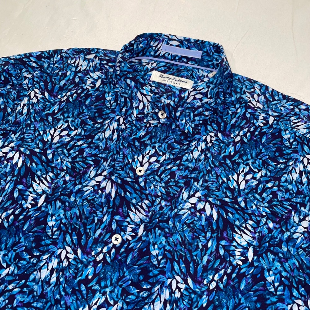 Tommy Bahama The Siesta Key Mens Large Blue Botanical Leaf Print Button Shirt